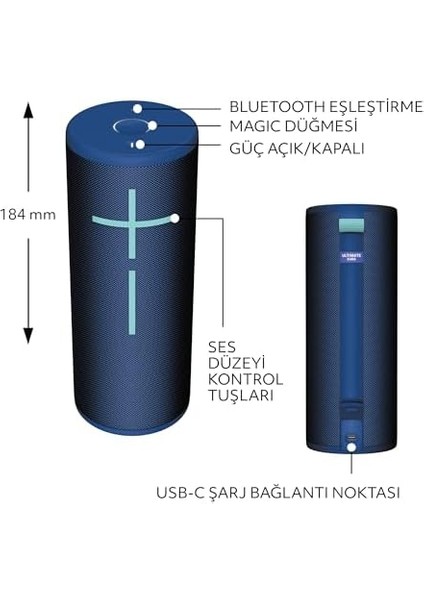 Ears Boom 4 Taşınabilir Su Geçirmez Bluetooth Hoparlör, 360 Derece, Güçlü, Sürükleyici, Kristal Netliğinde Ses, 15 Saatlik Pil Ömürlü ve 45M Kullanım Mesafeli Batmaz Hoparlör, Mavi