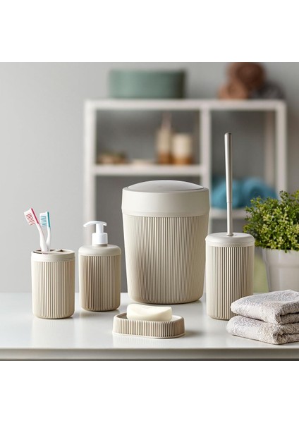 Banyo Seti, Çöp Kovası, Sıvı Sabunluk, Diş Fırçalık, Sabunluk ve Tuvalet Fırçası, 5 Parça (Krem)