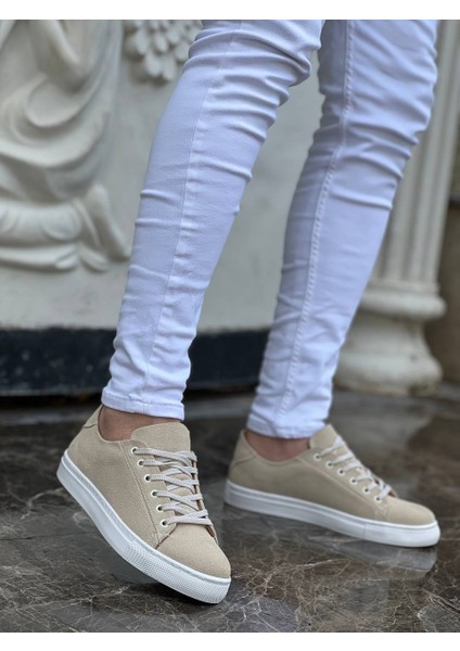 J122 Bağcıklı Ortopedik Taban Günlük Süet Erkek Spor Sneaker Ayakkabı Bt Bej