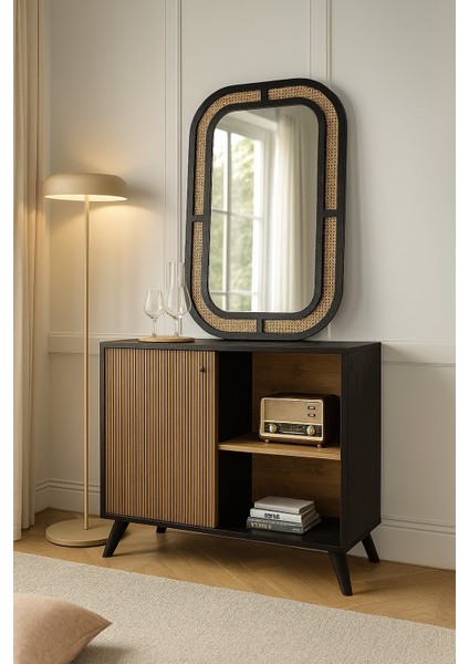 Dekoratif Hazeran Siyah Ayna - Rattan Salon Aynası