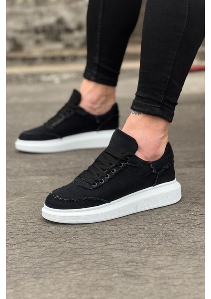 J018 Bağcıklı Ortopedik Taban Kot Kumaş Erkek Sneaker Günlük Ayakkabı Bt Siyah