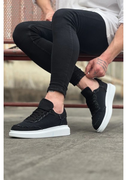 J018 Bağcıklı Ortopedik Taban Kot Kumaş Erkek Sneaker Günlük Ayakkabı Bt Siyah modelleri