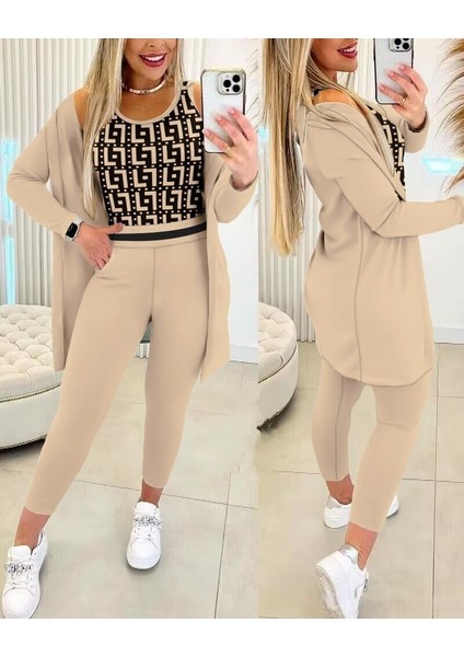 Konfor Modeli Krep Kumaş Oversize Ceket Askılı Bluz Yüksek Bel Beli Lastikli Pantolon Üçlü Takım