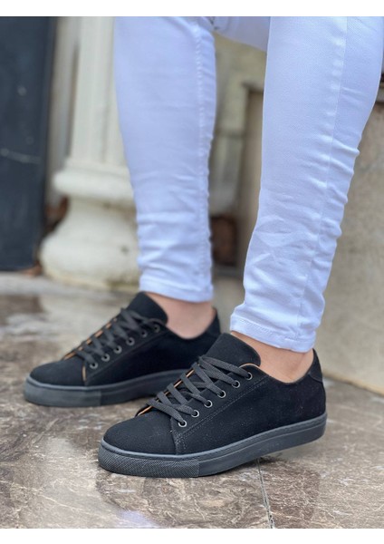 J122 Bağcıklı Ortopedik Taban Günlük Süet Erkek Spor Sneaker Ayakkabı St Siyah