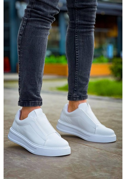 J007 Bağcıksız Lastikli Ortopedik Taban Tek Bant Erkek Spor Sneaker Ayakkabı Bt Beyaz