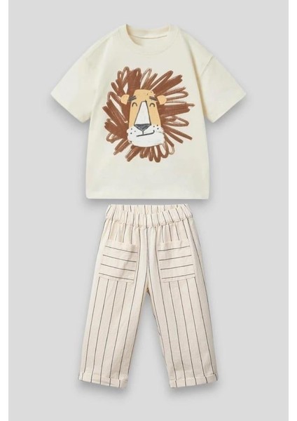 Unisex Çocuk Pamuklu Ekru Aslan Baskılı T-Shirt ve Çizgili Pantolon Takım – Cepli Yazlık Set