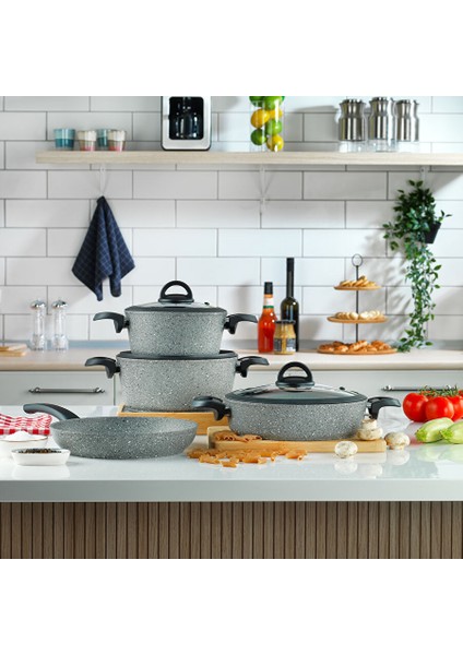 Cucina Yanmaz Yapışmaz Tencere Seti 7 Parça-Gri