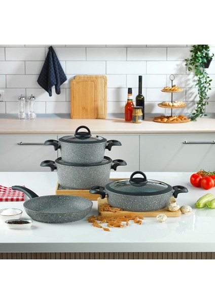 Cucina Yanmaz Yapışmaz Tencere Seti 7 Parça-Gri
