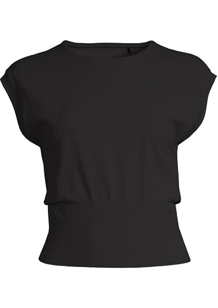 23101-901 Seamless Graphical Rib Te Kadın Siyah Bisiklet Yaka T-Shirt