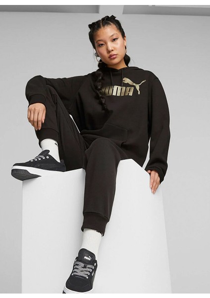 Siyah Kadın Kapüşon Yaka Normal Kalıp Sweatshirt 84909651 Ess+ Metallic Logo Hoodie modelleri