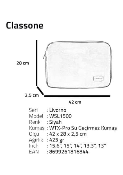 WSL1500 Livorno Serisi 15.6'' Su Geçirmez Kumaş ve Su Geçirmez Fermuar Notebook, Laptop, Macbook Taşıma Kılıfı -Siyah modelleri
