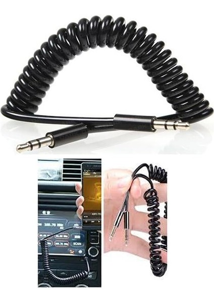 1 Metre Spiralli Aux 3.5mm Kulaklık Jack Ses Aktarma Kablosu, Araç Telefon Tablet Laptop Pc