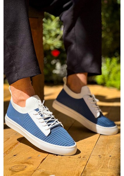 J110 Bağcıklı Ortopedik Taban Triko Erkek Spor Sneaker Ayakkabı Bt Mavi