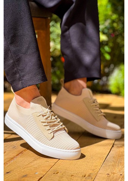 J110 Bağcıklı Ortopedik Taban Triko Erkek Spor Sneaker Ayakkabı Bt Bej
