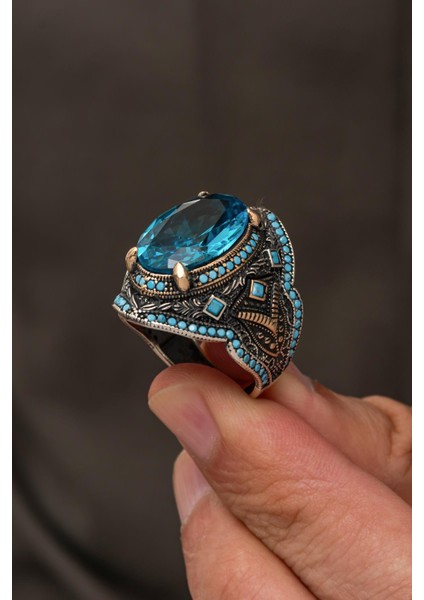 Oval Aqua Mavi Taşlı 925 Erkek Gümüş Yüzük