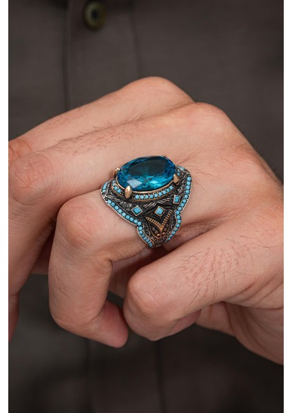 Oval Aqua Mavi Taşlı 925 Erkek Gümüş Yüzük fiyatları