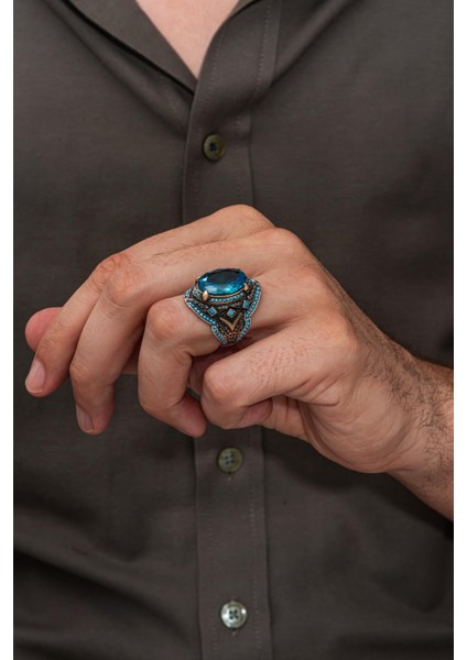 Oval Aqua Mavi Taşlı 925 Erkek Gümüş Yüzük modelleri