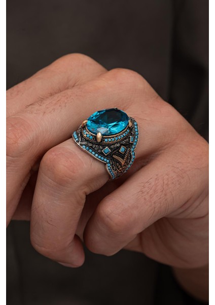 Oval Aqua Mavi Taşlı 925 Erkek Gümüş Yüzük fırsatları
