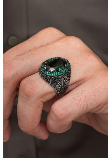 Oval Yeşil Taşlı 925 Erkek Gümüş Yüzük