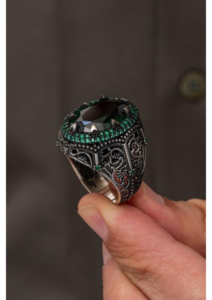 Oval Yeşil Taşlı 925 Erkek Gümüş Yüzük fiyatları