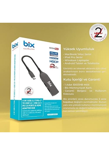 BX03HB Max 4in1 USB C Hub 4k@30hz Hdcp Hdmi, Pd Port, 2x Usb, Macbook Uyumlu Çoklayıcı Adaptör modelleri