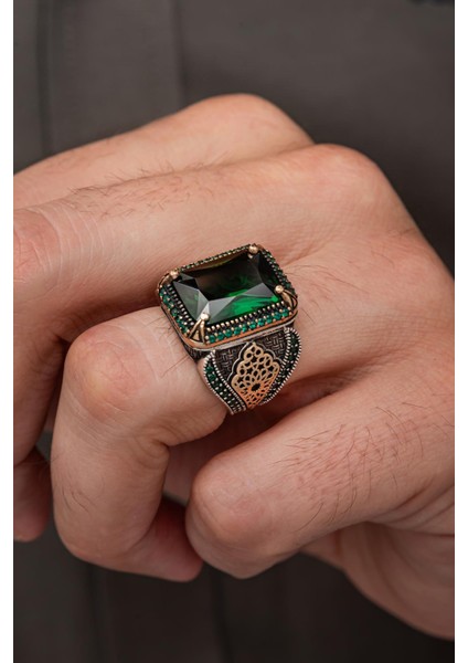 Yeşil Taşlı Dikdörgen 925 Erkek Gümüş Yüzük