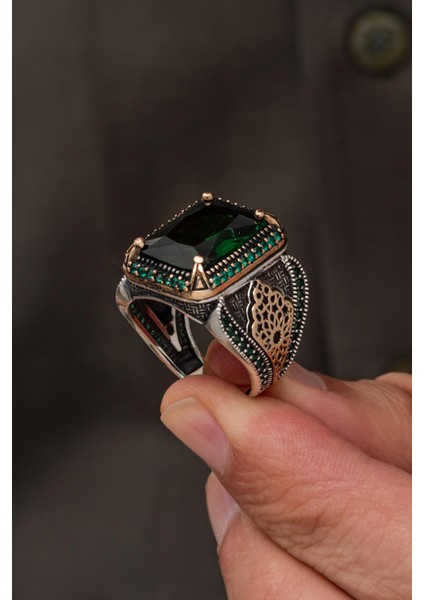 Yeşil Taşlı Dikdörgen 925 Erkek Gümüş Yüzük fiyatları