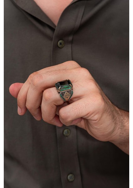 Yeşil Taşlı Dikdörgen 925 Erkek Gümüş Yüzük fırsatları