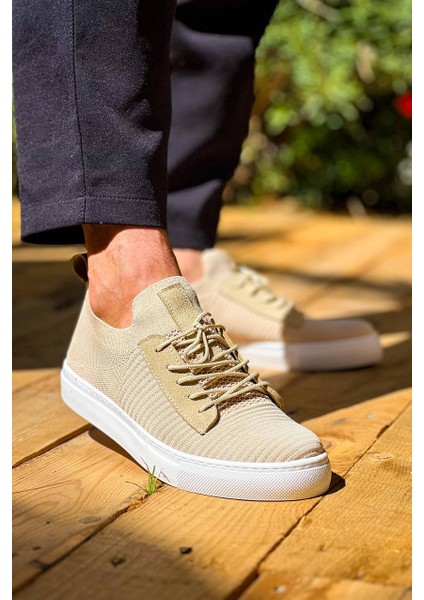 J110 Bağcıklı Ortopedik Taban Triko Erkek Spor Sneaker Ayakkabı Bt Bej