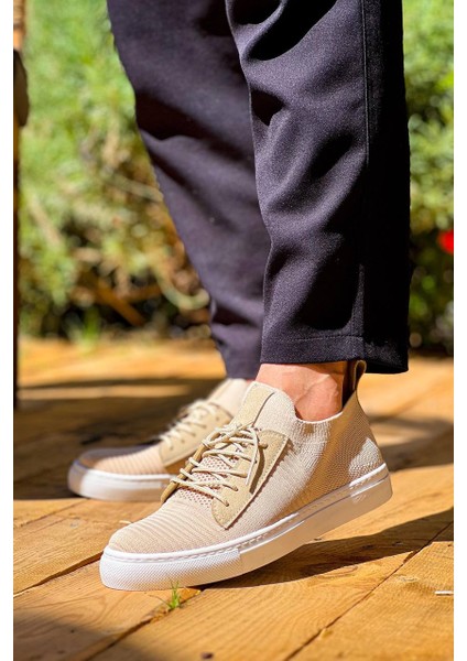 J110 Bağcıklı Ortopedik Taban Triko Erkek Spor Sneaker Ayakkabı Bt Bej