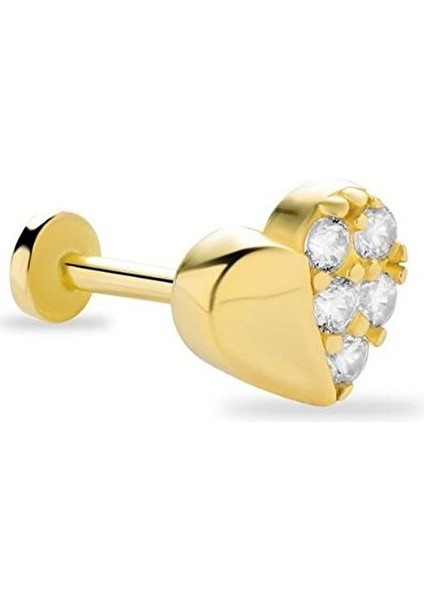 Yarısı Taşlı Kalp 14 Ayar Altın Tragus Piercing