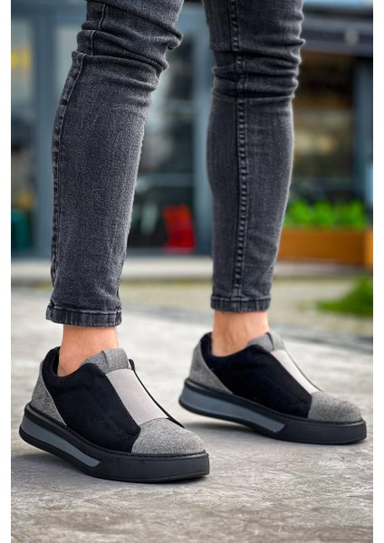 J007 Bağcıksız Lastikli Ortopedik Taban Tek Bant Süet Erkek Spor Sneaker Ayakkabı St Siyah/gri