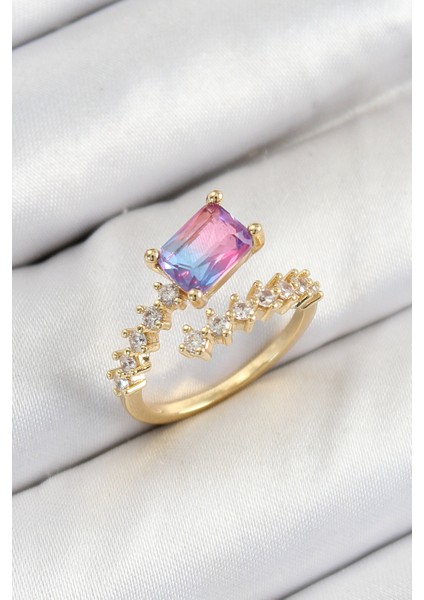 Pirinç Zirkon Taşlı Renkli Model Gold Renk Kadın Yüzük