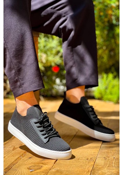 J110 Bağcıklı Ortopedik Taban Triko Erkek Spor Sneaker Ayakkabı Bt Siyah