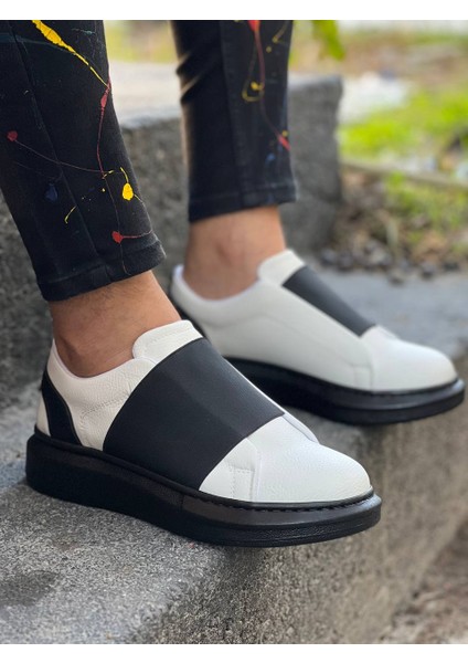 J040 Bağcıksız Kalın Lastikli Ortopedik Taban Günlük Erkek Spor Sneaker Ayakkabı St Beyaz/siyah