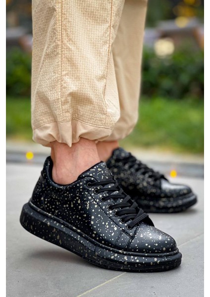 J-X500 Bağcıklı Gold Baskılı Ortopedik Taban Günlük Erkek Spor Sneaker Ayakkabı St Siyah