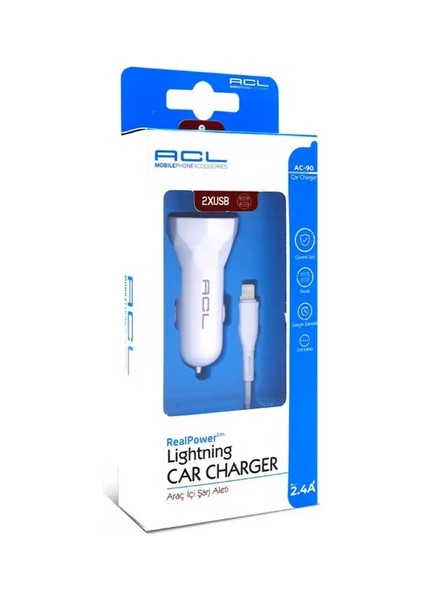 Ac-90 2.4A, 10W 2xusb, 1mt Lightning Kablolu Araç Içi Şarj Aleti modelleri