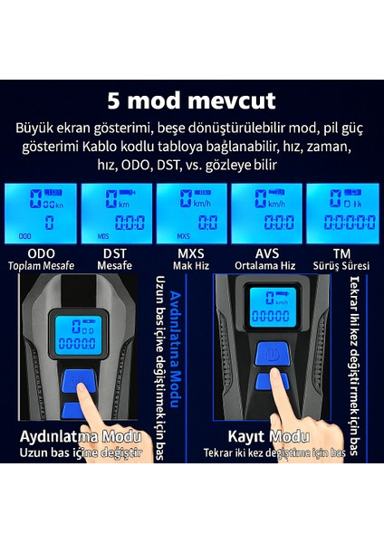 Alytech 5 Modlu LCD Ekranlı Akıllı Bisiklet Farı – Korna + Hız Göstergesi + Şarjlı LED Aydınlatma
