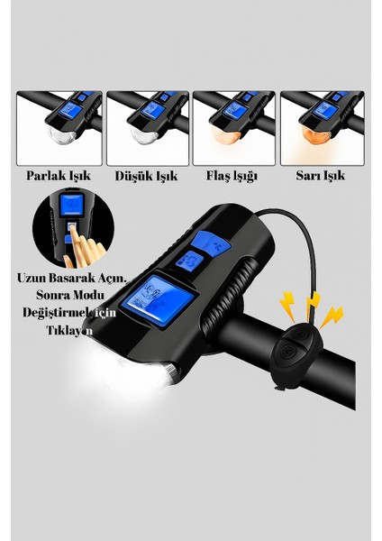 Alytech 5 Modlu LCD Ekranlı Akıllı Bisiklet Farı – Korna + Hız Göstergesi + Şarjlı LED Aydınlatma