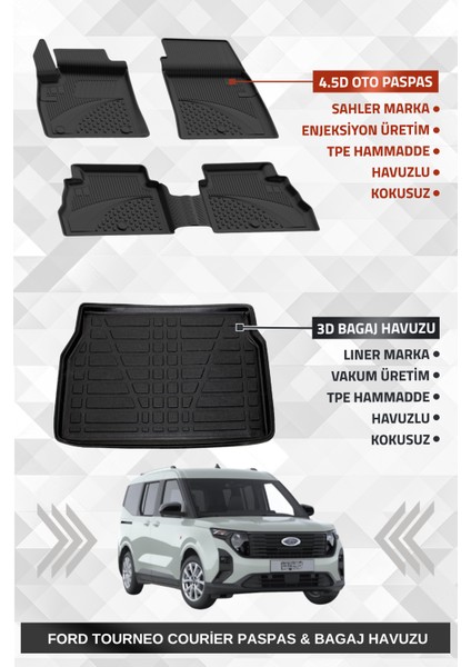 Ford Tourneo Courier 2024+ Uyumlu 4.5d Premium Havuzlu Oto Paspas ve Liner Marka 3D Bagaj Havuzu