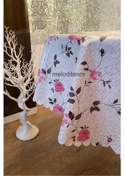 Elyaf Astarlı Çiçekli Kaymaz Pvc Yuvarlak Muşamba Masa Örtüsü 140 cm Q