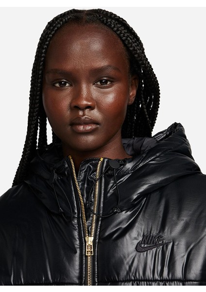 Siyah Kadın Kapüşon Yaka Mont FB8769-010-W Nsw Pe Shıne Puffer modelleri