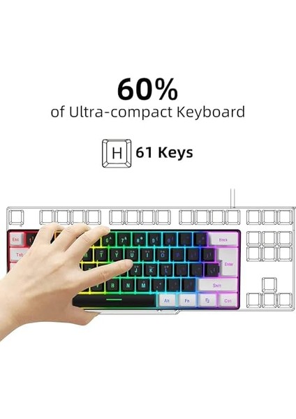 Len K620 Type-C Kablolu Klavye LED Rgb 61 Tuşlu Rgb Mekanik Oyuncu Işıklı Klavye Ergonomik Tasarım Bilgisayar Pc Için Gaming Keyboard Beyaz Renk Kırmızı Switch modelleri