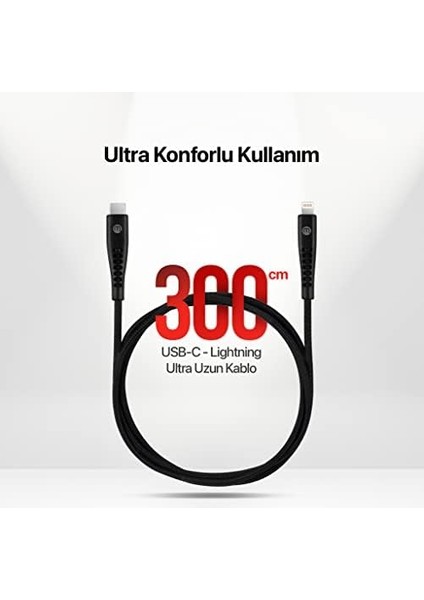 Usb-C - iPhone Lightning 3A Şarj Kablosu 300CM-SIYAH modelleri