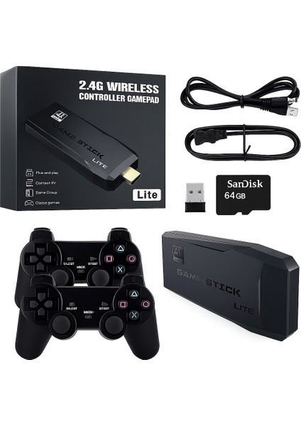 M8 Lite Stick | 64GB Hafıza | 4K Çözünürlük | 5000+ Retro Oyun | Çift Kablosuz Joystick | HDMI Game Stick
