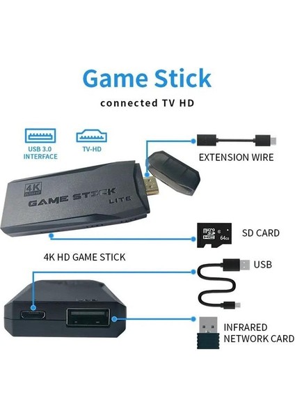 M8 Lite Stick | 64GB Hafıza | 4K Çözünürlük | 5000+ Retro Oyun | Çift Kablosuz Joystick | HDMI Game Stick