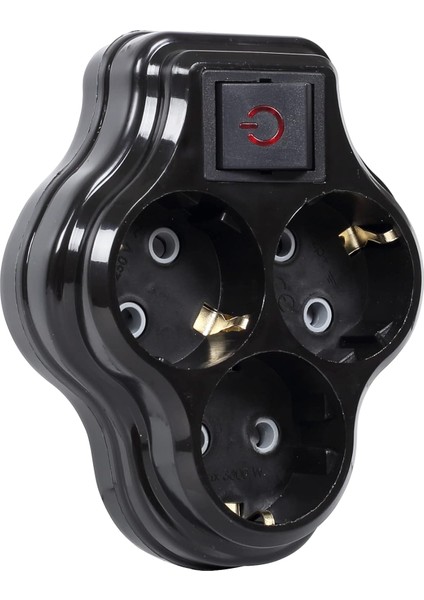 3lü Anahtarlı Golyat, Üçlü Topraklı Priz Duvar Tipi Çoklayıcı Fiş, 16A 250 Volt, Max 3600 Watt (Siyah)