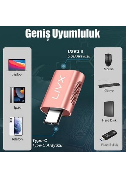 USB 3.0 To Type-C Çevirici Dönüştürücü Otg Adaptör Rose Gold Otgrg Ikili