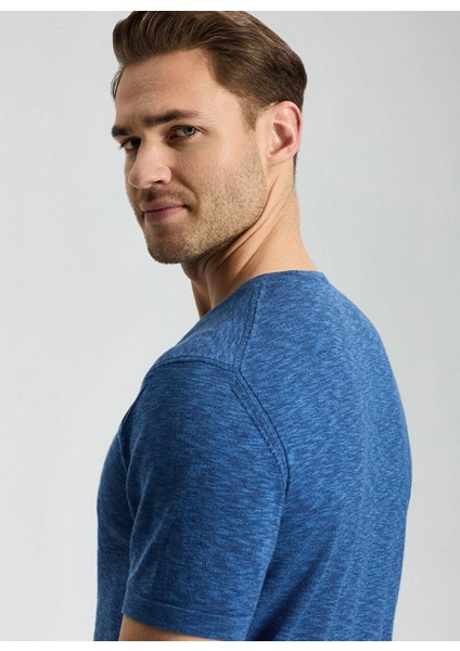 Bisiklet Yaka Saf Pamuk Koyu Mavi Triko T-Shirt modelleri