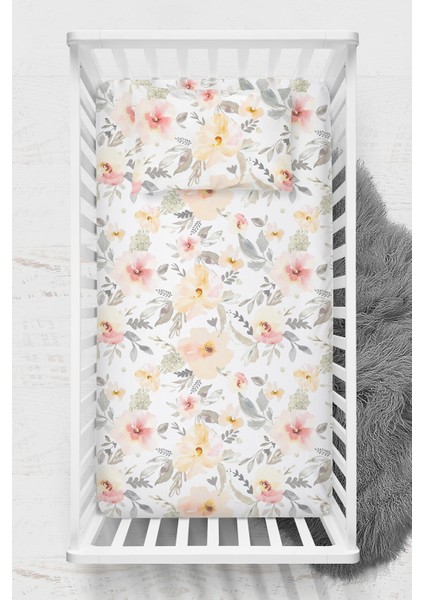 Pamuk Saten Lastikli Çarşaf Seti - Bloom Park Yatak 70X120 35X45